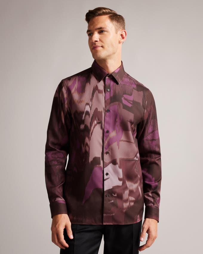 Chemises Ted Baker Long Sleeve Abstract Butterfly Print Bordeaux Homme | MMK-24101886